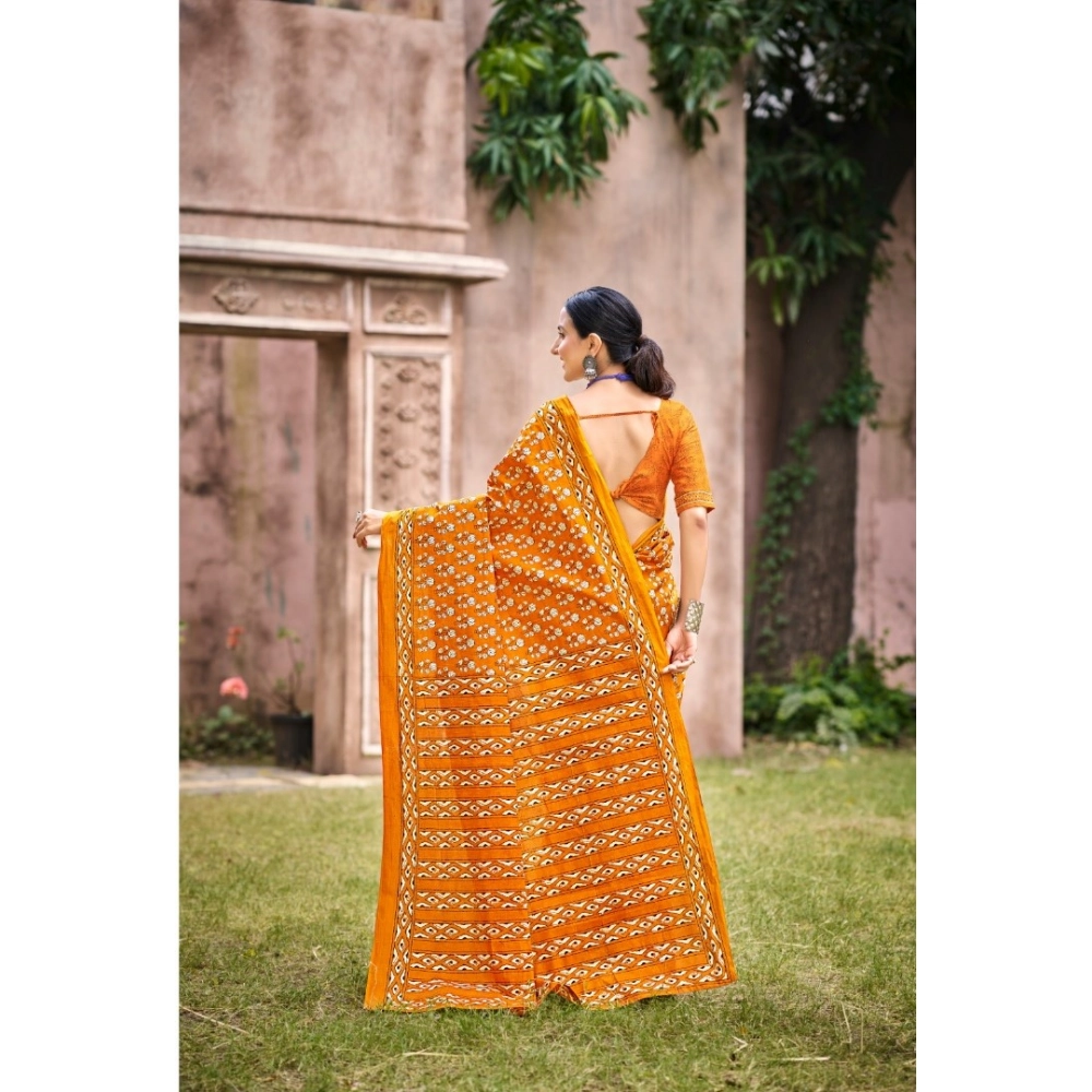 Generic Women's Cotton Printed Saree With Unstitched Blouse 5.5Mtr (Orange)