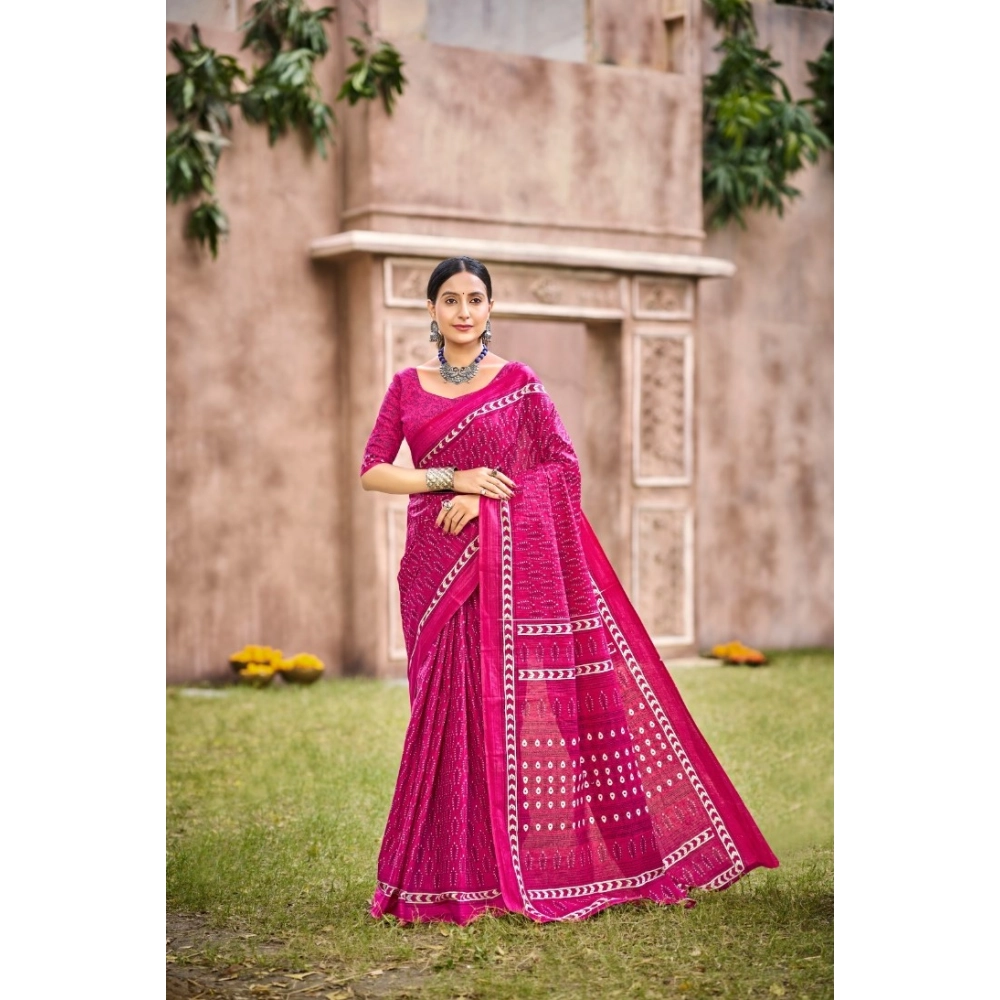Generic Women's Cotton Printed Saree With Unstitched Blouse 5.5Mtr (Pink)