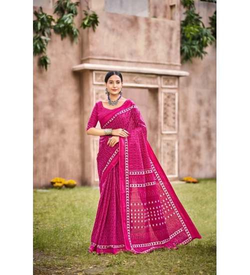 Generic Women's Cotton Printed Saree With Unstitched Blouse 5.5Mtr (Pink)