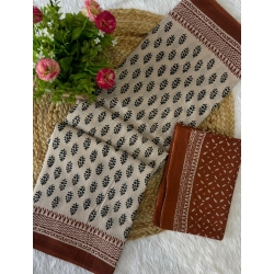 Generic Women's Cotton Printed Saree With Unstitched Blouse 5.5Mtr (Brown)