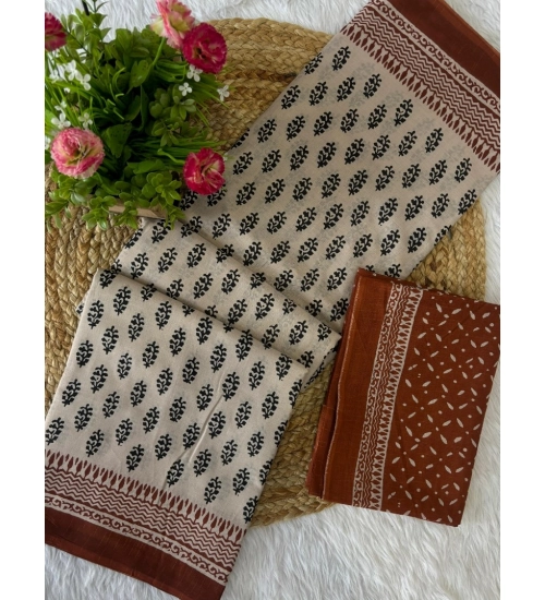 Generic Women's Cotton Printed Saree With Unstitched Blouse 5.5Mtr (Brown)