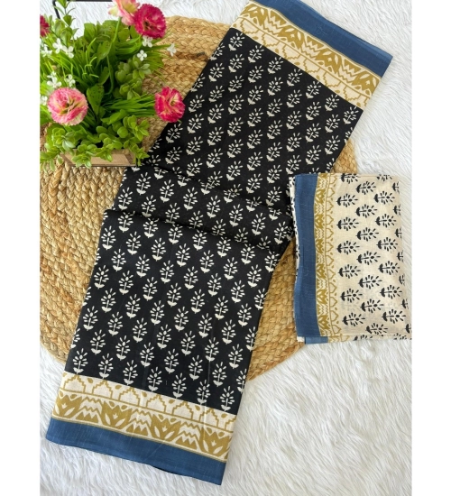 Generic Women's Cotton Printed Saree With Unstitched Blouse 5.5Mtr (Black)