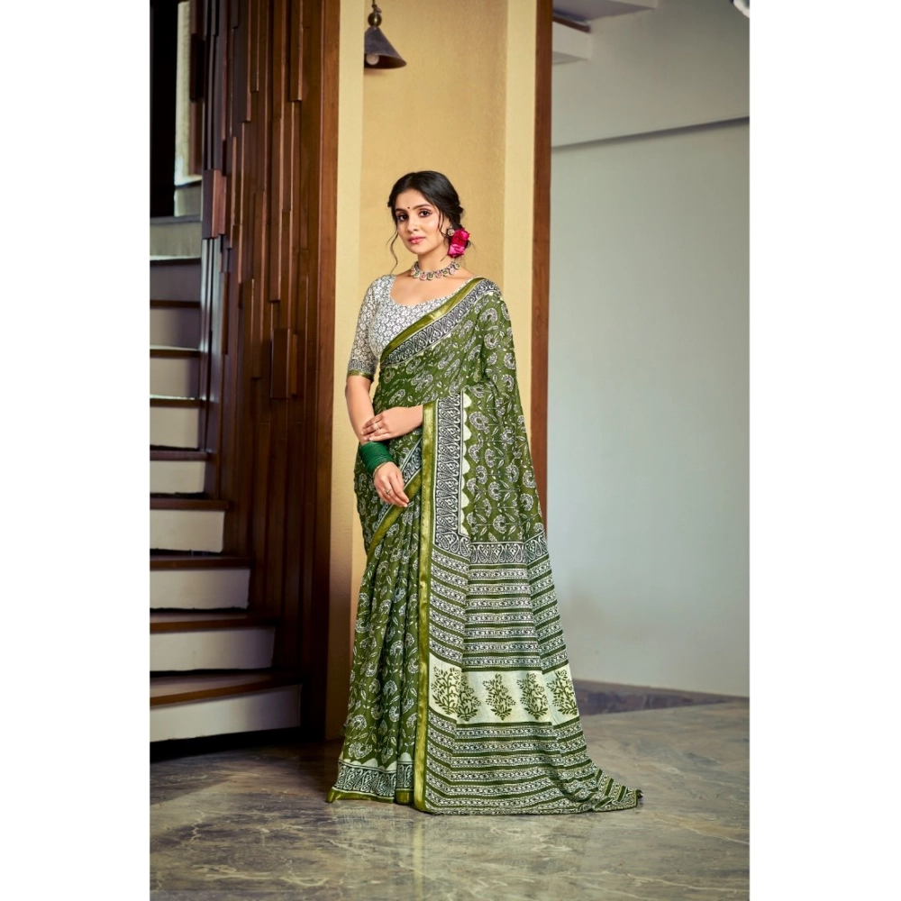 Generic Women's Cotton Printed Saree With Unstitched Blouse 5.5Mtr (Green) Generic Women's Cotton Printed Saree With Unstitched Blouse 5.5Mtr (Green)
