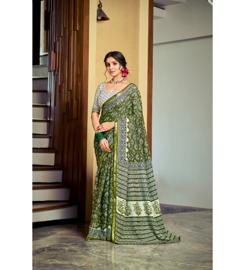 Generic Women's Cotton Printed Saree With Unstitched Blouse 5.5Mtr (Green)