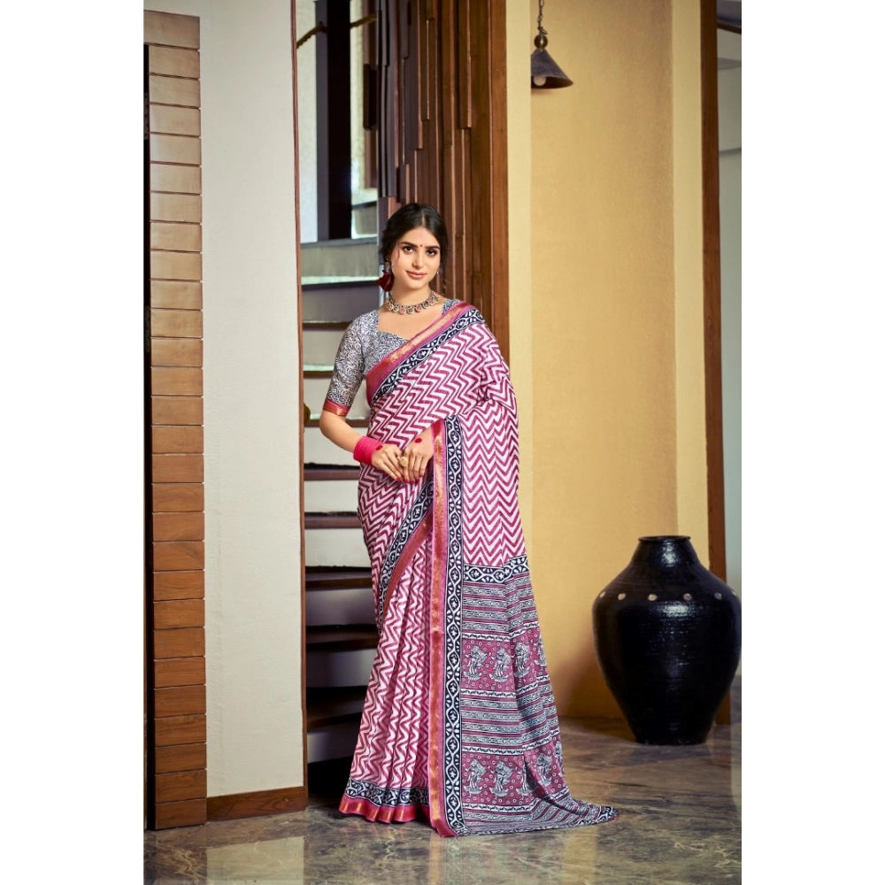 Generic Women's Cotton Printed Saree With Unstitched Blouse 5.5Mtr (Pink)