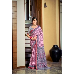 Generic Women's Cotton Printed Saree With Unstitched Blouse 5.5Mtr (Pink)
