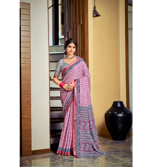 Generic Women's Cotton Printed Saree With Unstitched Blouse 5.5Mtr (Pink)
