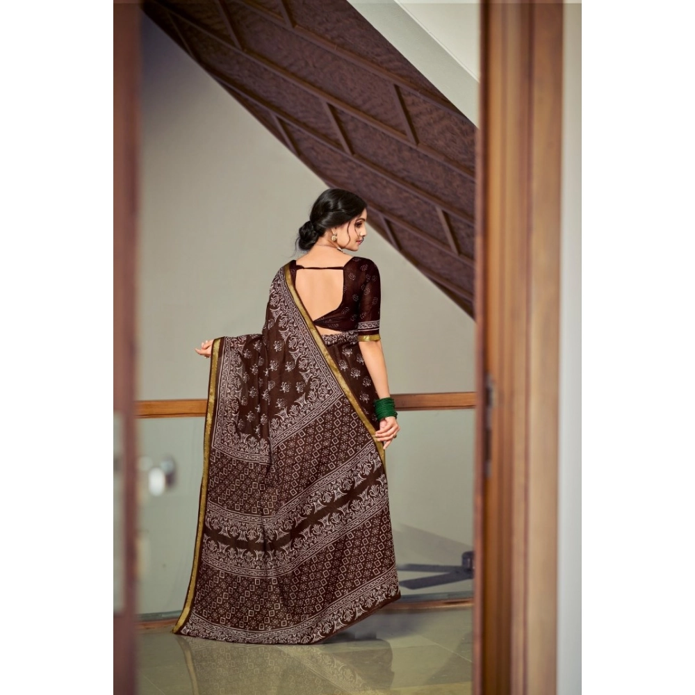 Generic Women's Cotton Printed Saree With Unstitched Blouse 5.5Mtr (Coffee)