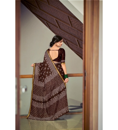 Generic Women's Cotton Printed Saree With Unstitched Blouse 5.5Mtr (Coffee)