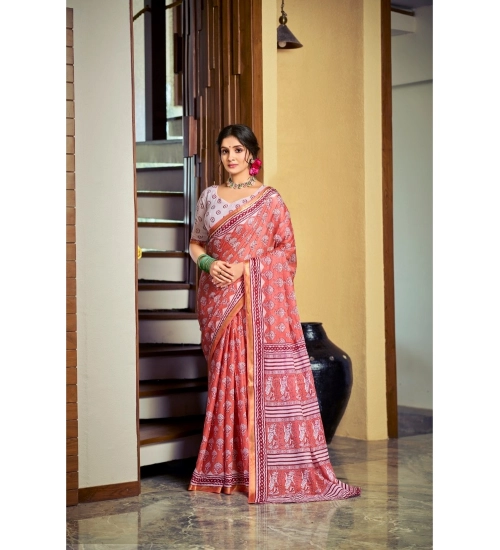 Generic Women's Cotton Printed Saree With Unstitched Blouse 5.5Mtr (Pink)