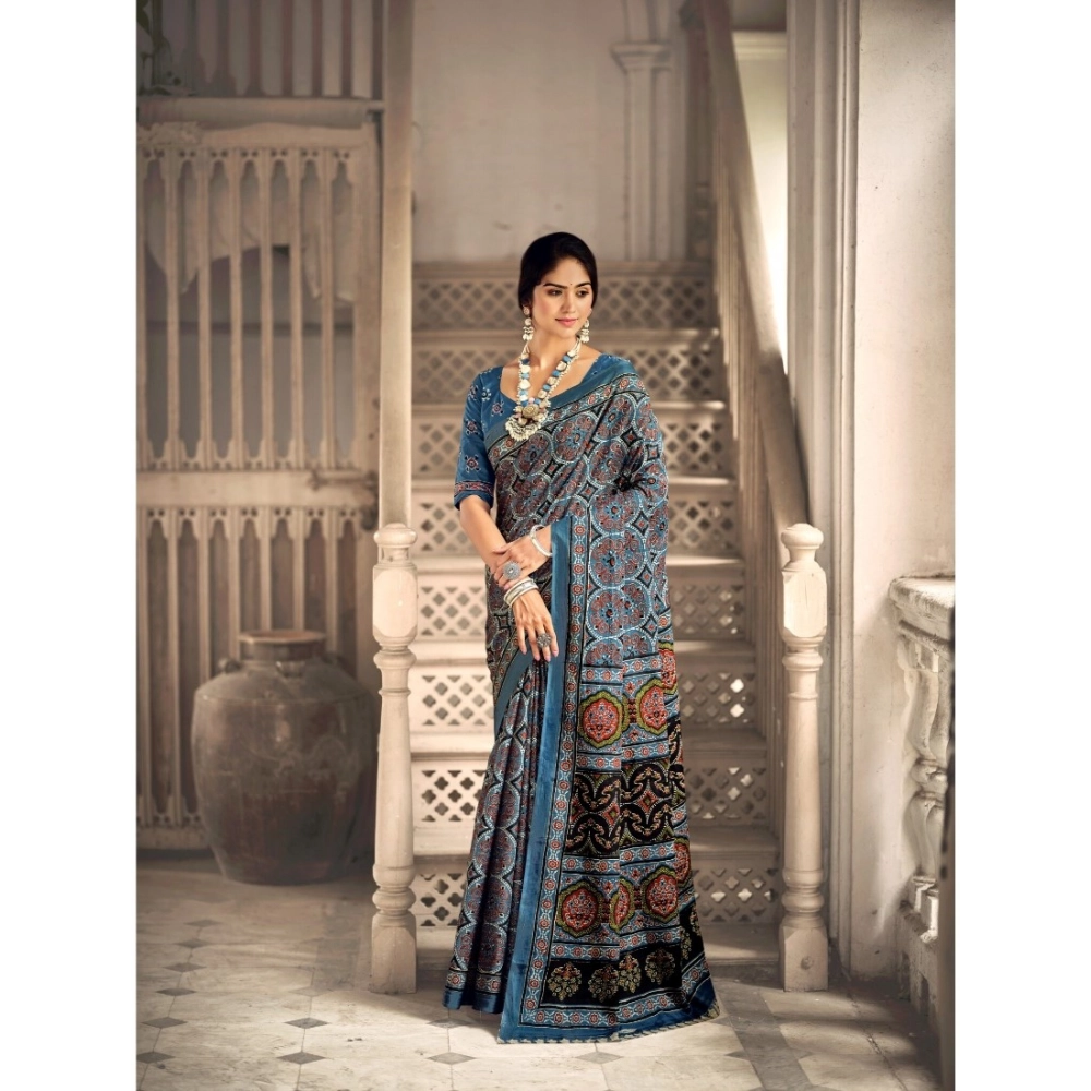 Generic Women's Cotton Printed Saree With Unstitched Blouse 5.5Mtr (Blue) Generic Women's Cotton Printed Saree With Unstitched Blouse 5.5Mtr (Blue)