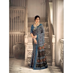 Generic Women's Cotton Printed Saree With Unstitched Blouse 5.5Mtr (Blue)