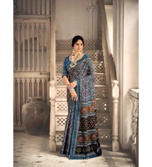 Generic Women's Cotton Printed Saree With Unstitched Blouse 5.5Mtr (Blue)