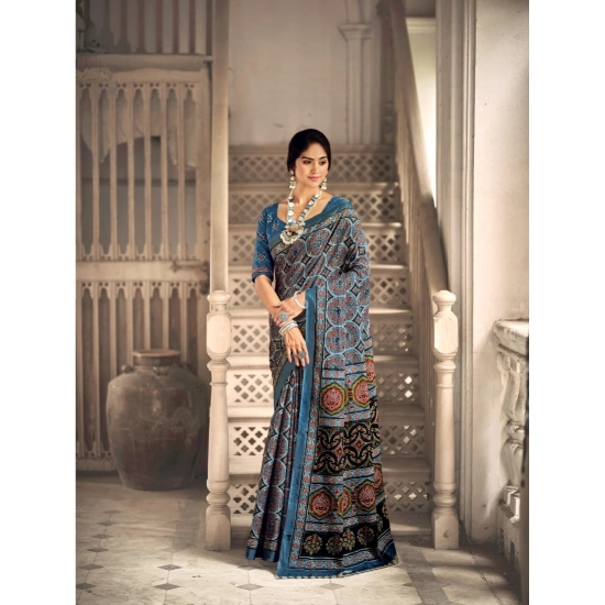 Generic Women's Cotton Printed Saree With Unstitched Blouse 5.5Mtr (Blue)