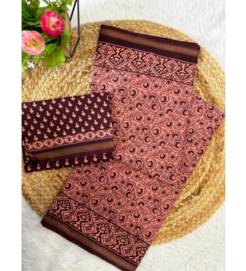 Generic Women's Cotton Printed Saree With Unstitched Blouse 5.5Mtr (Brown)