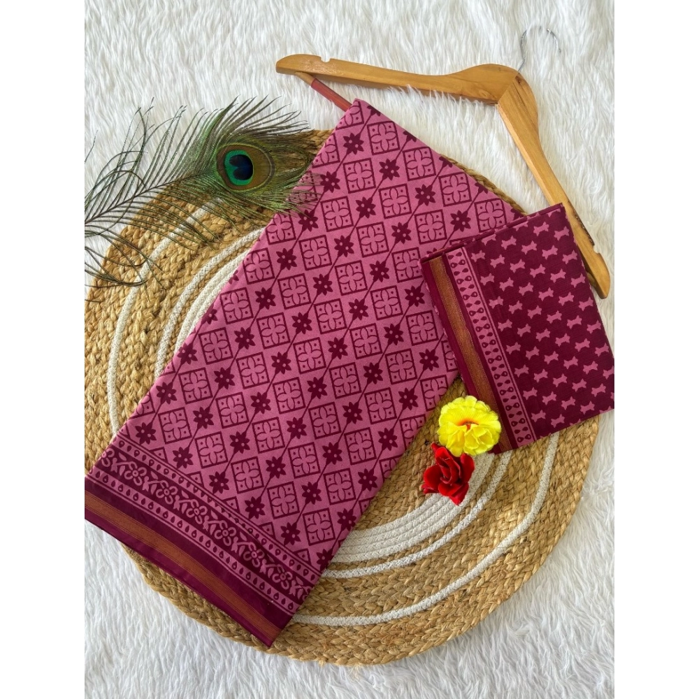 Generic Women's Cotton Printed Saree With Unstitched Blouse 5.5Mtr (Wine)