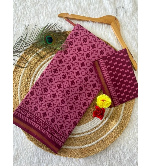 Generic Women's Cotton Printed Saree With Unstitched Blouse 5.5Mtr (Wine)