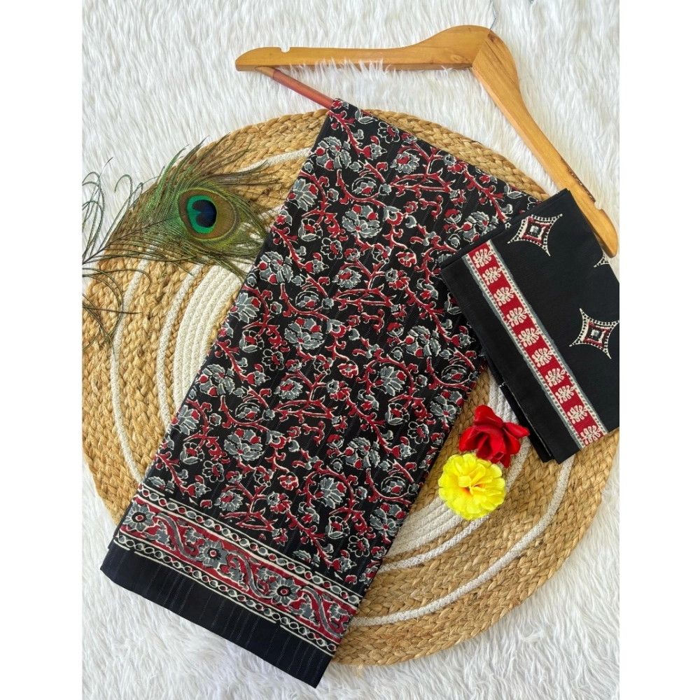 Generic Women's Cotton Printed Saree With Unstitched Blouse 5.5Mtr (Black)