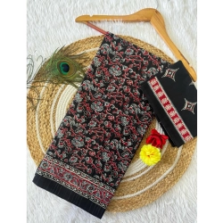 Generic Women's Cotton Printed Saree With Unstitched Blouse 5.5Mtr (Black)