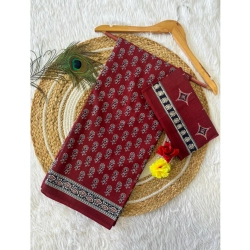 Generic Women's Cotton Printed Saree With Unstitched Blouse 5.5Mtr (Red)