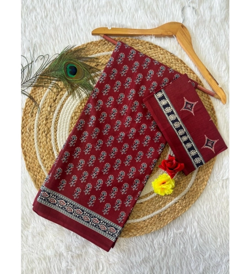 Generic Women's Cotton Printed Saree With Unstitched Blouse 5.5Mtr (Red)