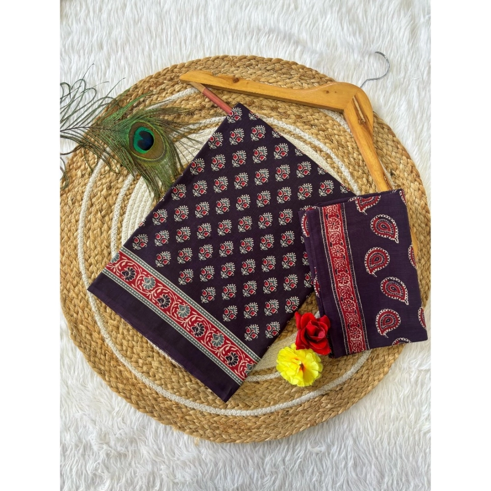 Generic Women's Cotton Printed Saree With Unstitched Blouse 5.5Mtr (Purple)