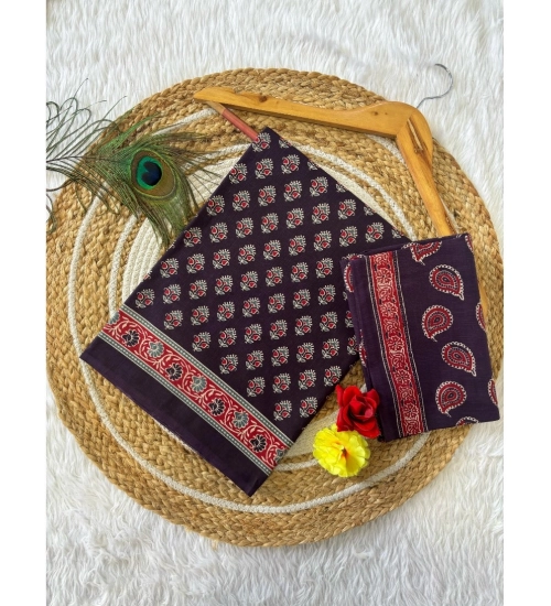 Generic Women's Cotton Printed Saree With Unstitched Blouse 5.5Mtr (Purple)