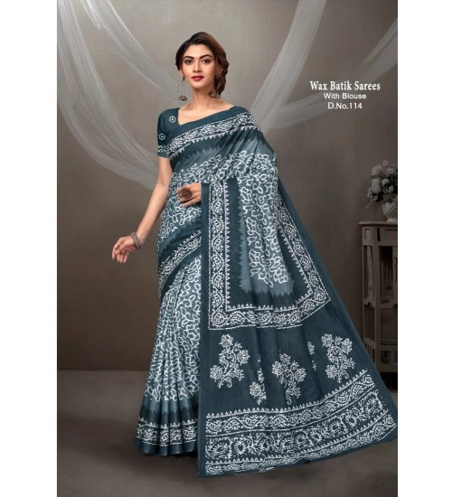 Generic Women's Cotton Printed Saree With Unstitched Blouse 5.5Mtr (Grey)