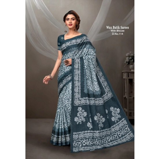 Generic Women's Cotton Printed Saree With Unstitched Blouse 5.5Mtr (Grey)