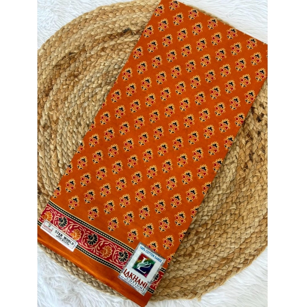 Generic Women's Cotton Printed Saree With Unstitched Blouse 5.5Mtr (Mustard)