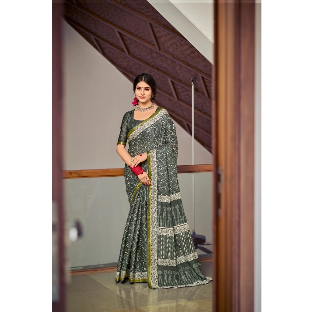 Generic Women's Cotton Printed Saree With Unstitched Blouse 5.5Mtr (Green)