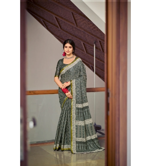 Generic Women's Cotton Printed Saree With Unstitched Blouse 5.5Mtr (Green)