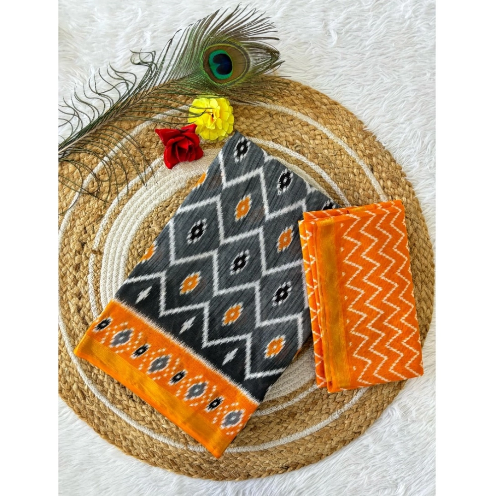 Generic Women's Cotton Printed Saree With Unstitched Blouse 5.5Mtr (Orange)