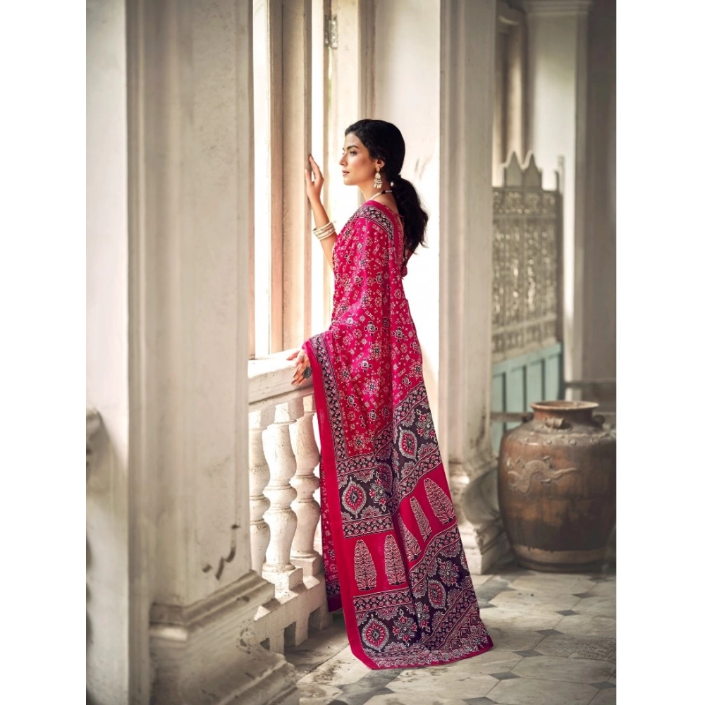 Generic Women's Cotton Printed Saree With Unstitched Blouse 5.5Mtr (Pink)