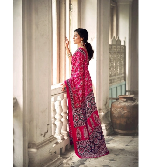 Generic Women's Cotton Printed Saree With Unstitched Blouse 5.5Mtr (Pink)