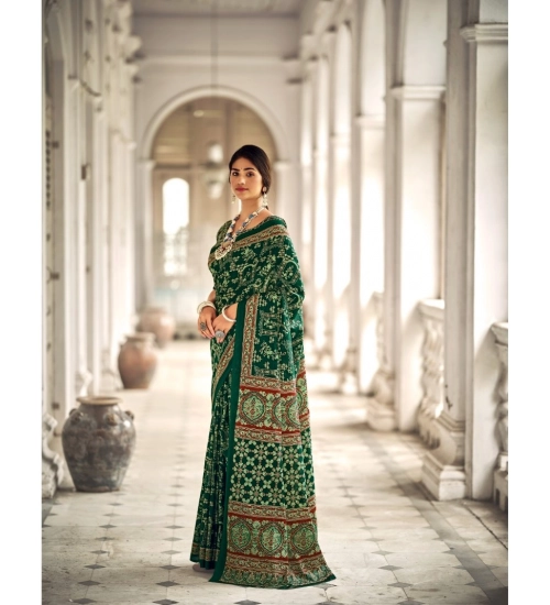 Generic Women's Cotton Printed Saree With Unstitched Blouse 5.5Mtr (Green)