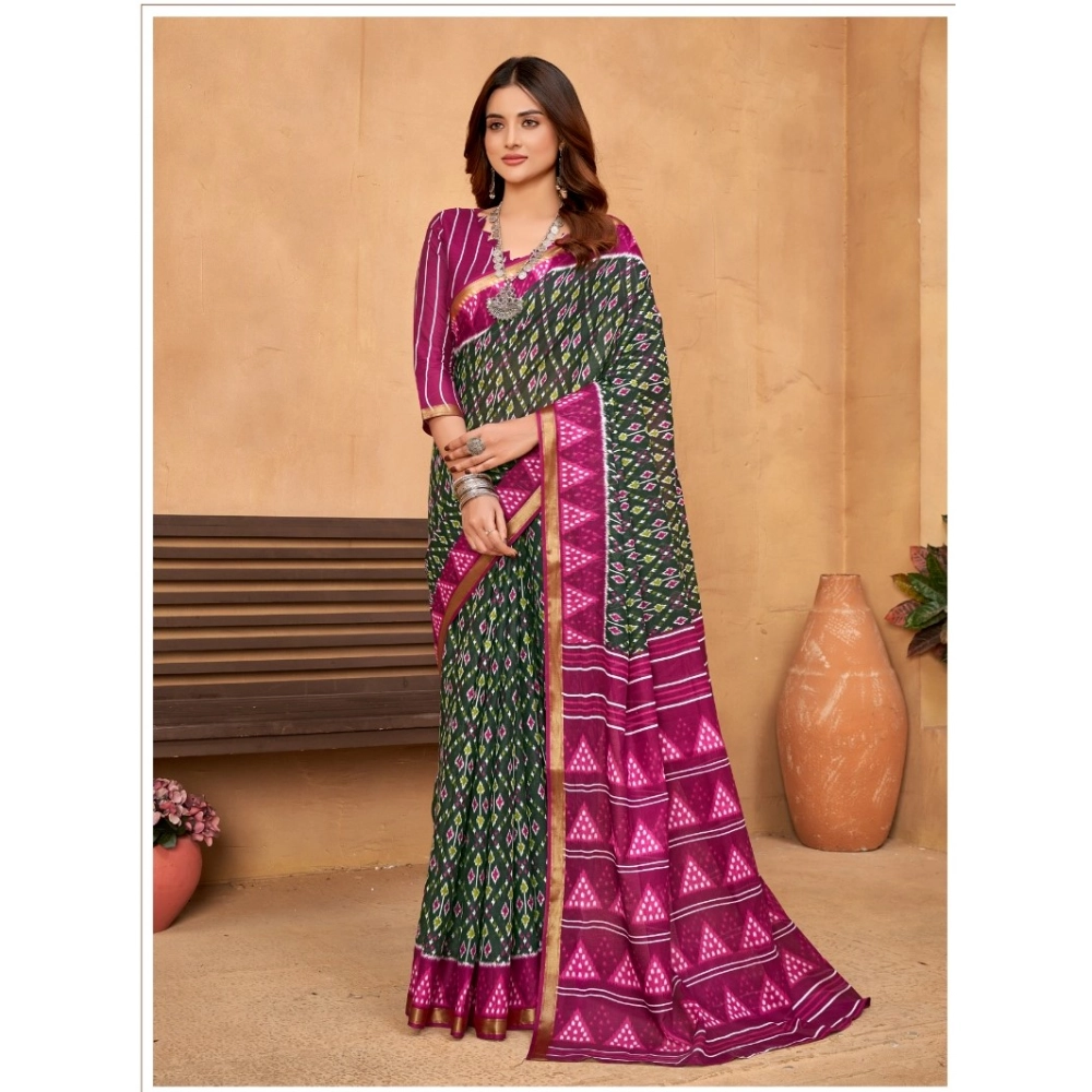 Generic Women's Cotton Printed Saree With Unstitched Blouse 5.5Mtr (Pink)