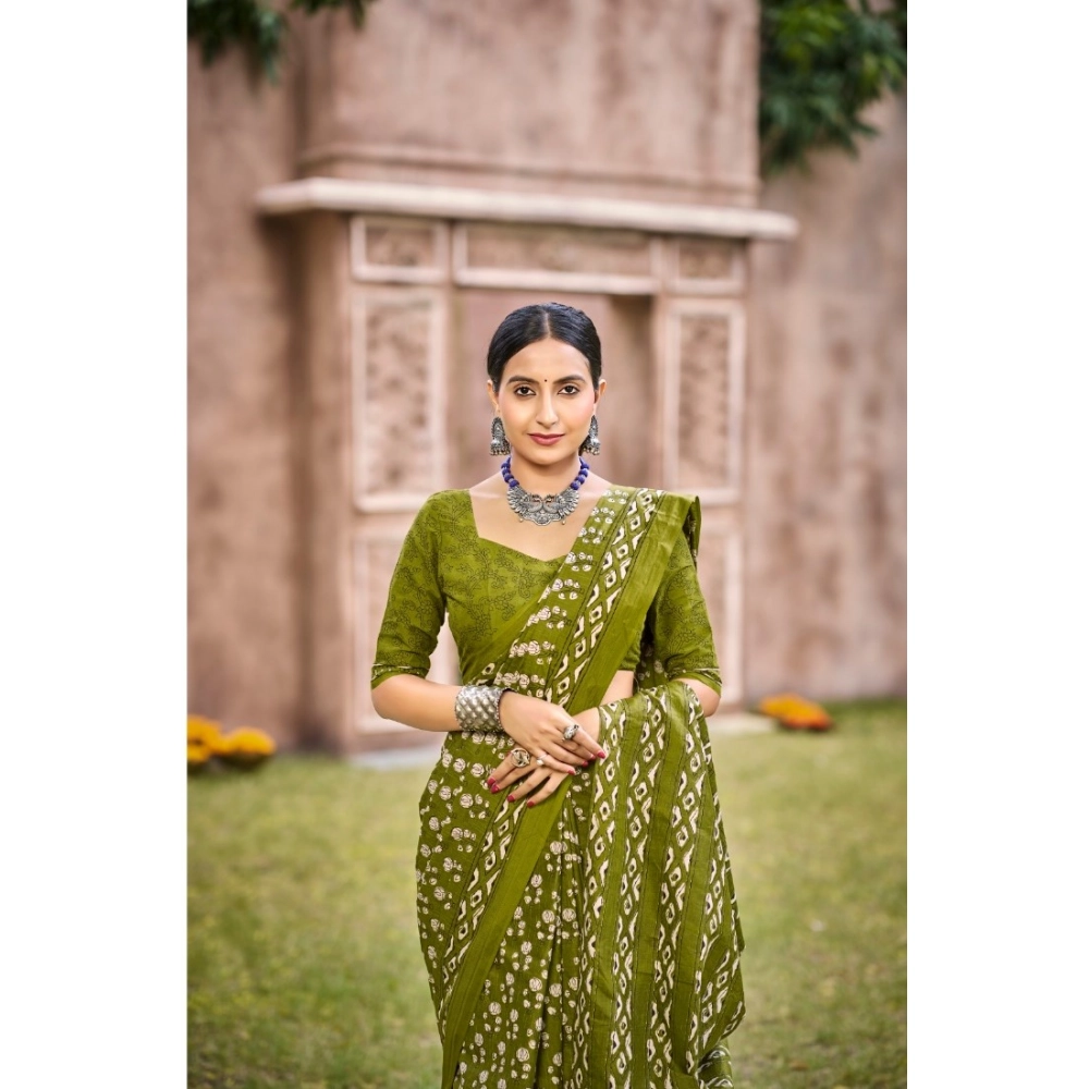 Generic Women's Cotton Printed Saree With Unstitched Blouse 5.5Mtr (Green)