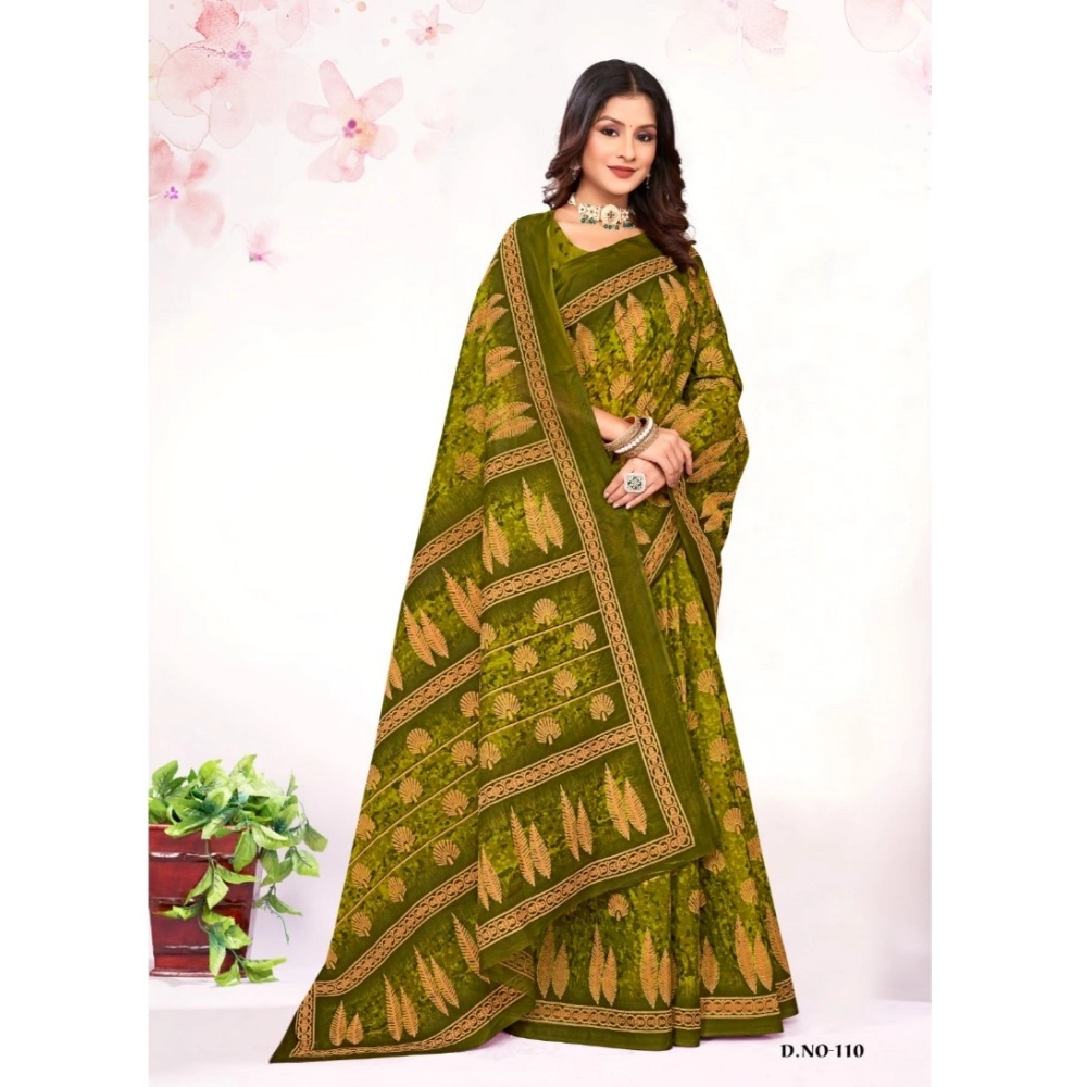 Generic Women's Cotton Printed Saree With Unstitched Blouse 5.5Mtr (Mehendi Green)