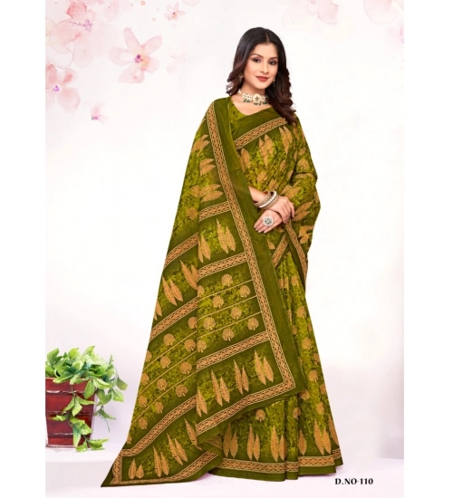 Generic Women's Cotton Printed Saree With Unstitched Blouse 5.5Mtr (Mehendi Green)