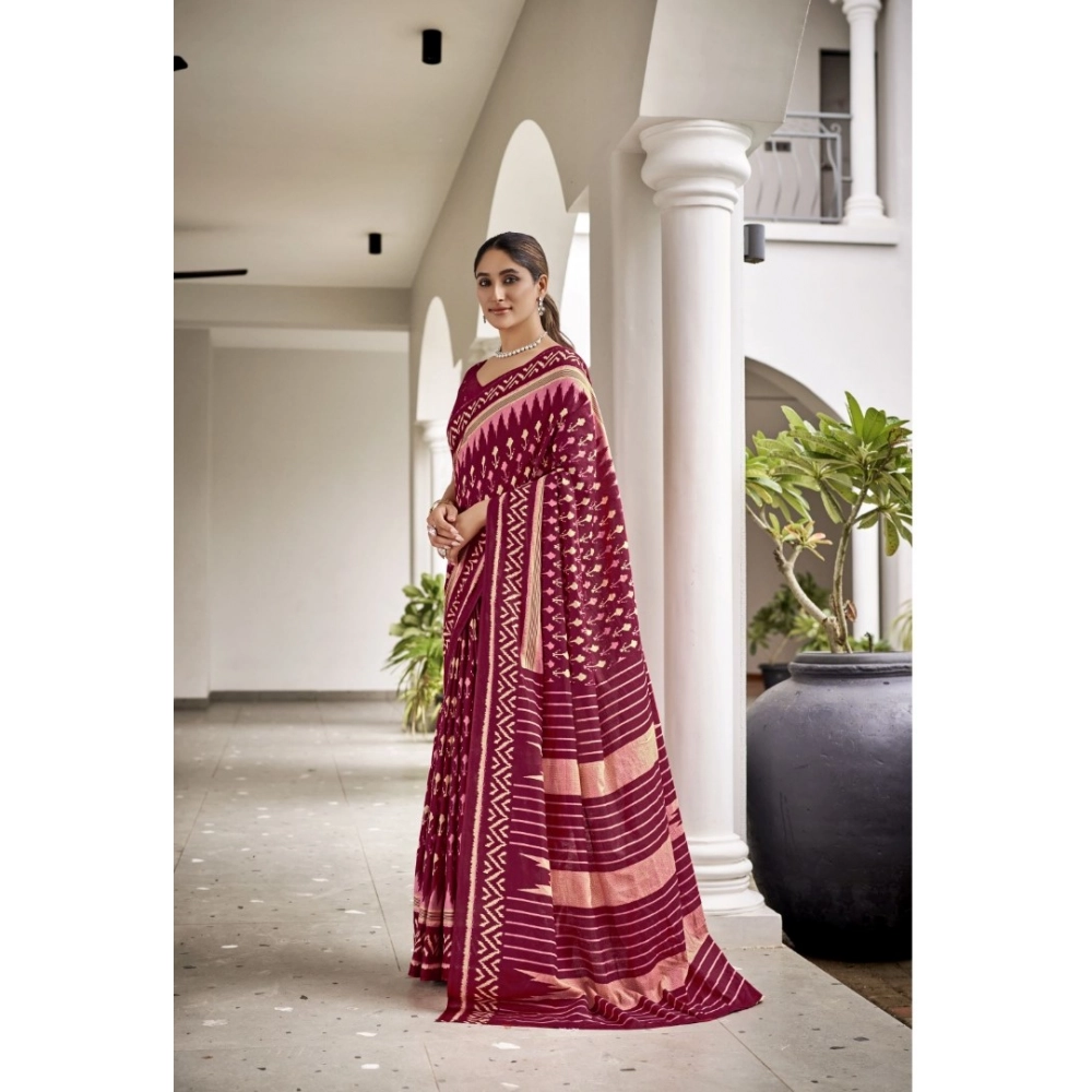 Generic Women's Cotton Printed Saree With Unstitched Blouse 5.5Mtr (Maroon)