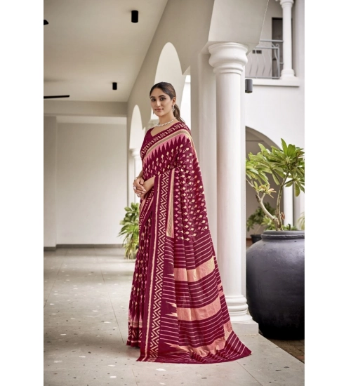 Generic Women's Cotton Printed Saree With Unstitched Blouse 5.5Mtr (Maroon)