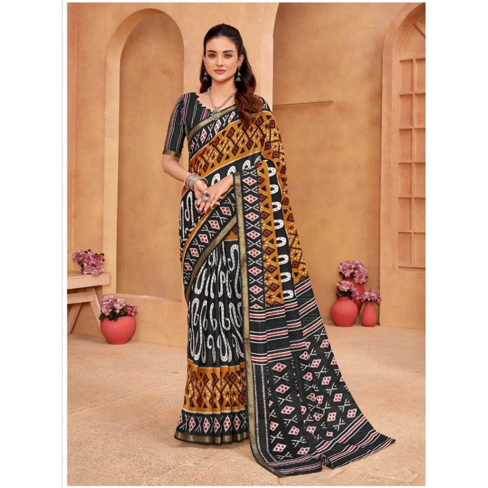 Generic Women's Cotton Printed Saree With Unstitched Blouse 5.5Mtr (Mustard)