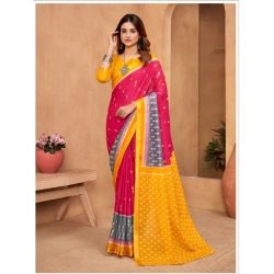 Generic Women's Cotton Printed Saree With Unstitched Blouse 5.5Mtr (Pink)