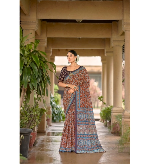 Generic Women's Cotton Printed Saree With Unstitched Blouse 5.5Mtr (Brown)