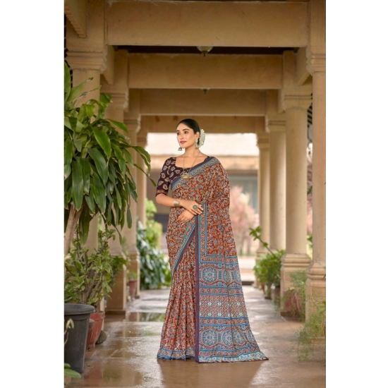 Generic Women's Cotton Printed Saree With Unstitched Blouse 5.5Mtr (Brown) Generic Women's Cotton Printed Saree With Unstitched Blouse 5.5Mtr (Brown)