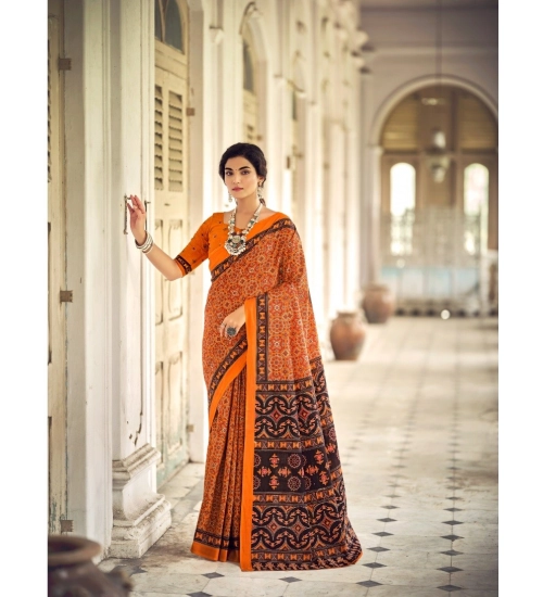 Generic Women's Cotton Printed Saree With Unstitched Blouse 5.5Mtr (Mustard)