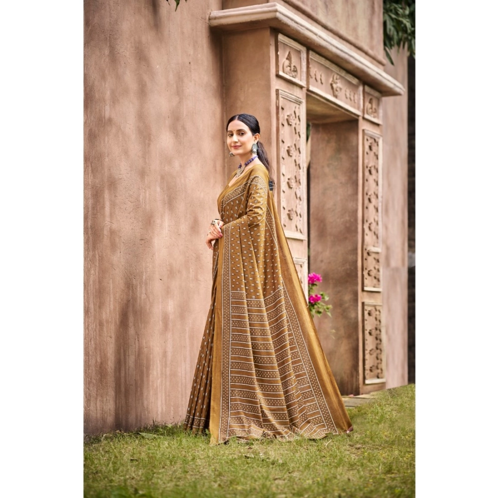 Generic Women's Cotton Printed Saree With Unstitched Blouse 5.5Mtr (Mustard)