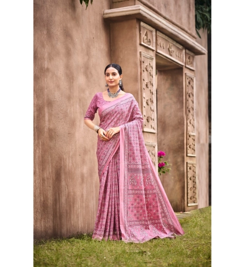 Generic Women's Cotton Printed Saree With Unstitched Blouse 5.5Mtr (Pink)