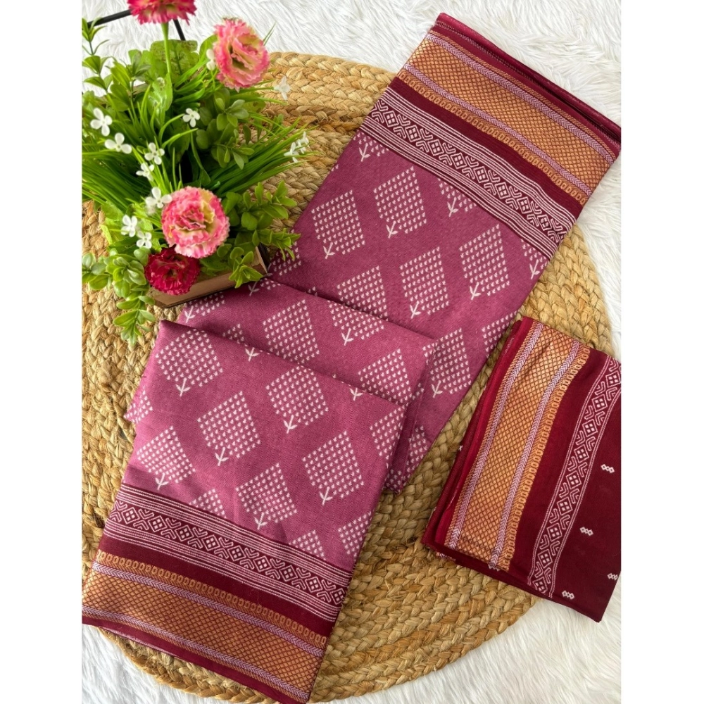 Generic Women's Cotton Printed Saree With Unstitched Blouse 5.5Mtr (Pink)